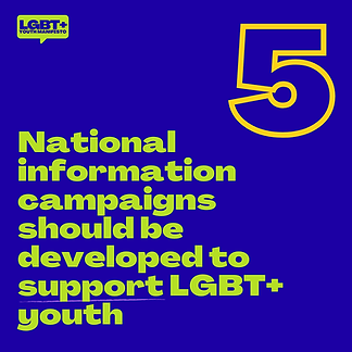 Blue tile with text "National information campaigns should be developed to support LGBT+ youth"