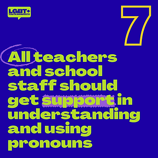 Blue tile with text "All teachers and school staff should get support in understanding and using pronouns"