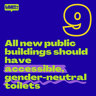 Blue tile with text "All new public buildings should have accessible gender-neutral toilets"
