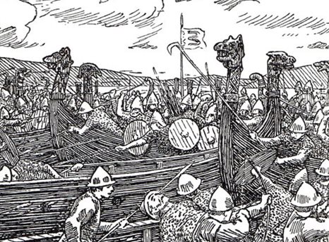 Woodcut (black and white drawing depicting Viking raid, with a Viking longboat in the middle surrounded by warriors.
