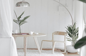 room with white table and chair and plants
