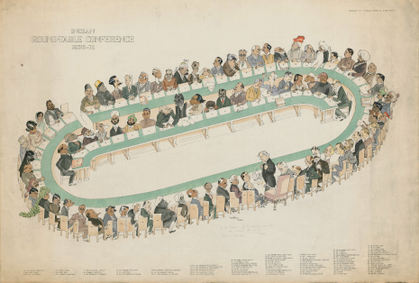 Cartoon depicting the India Round Table Conference, drawn by Emery Kelen