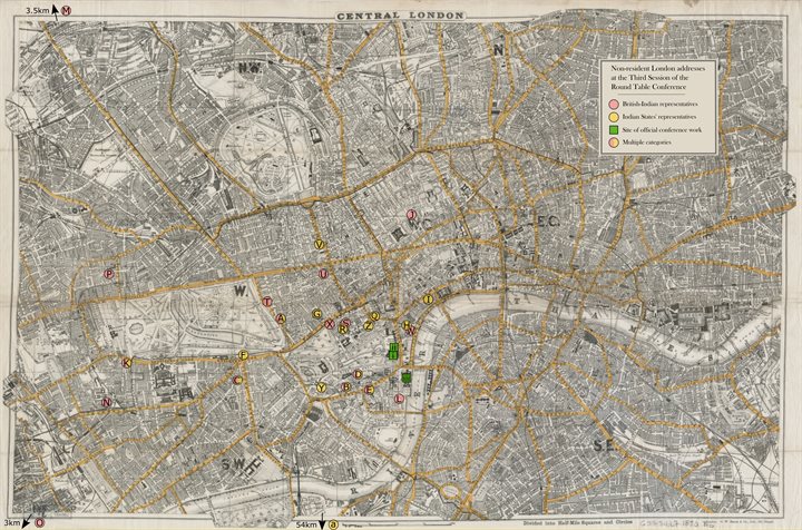 Map showing the temporary London addresses of non-resident delegates at the Third Session of the Round Table Conference