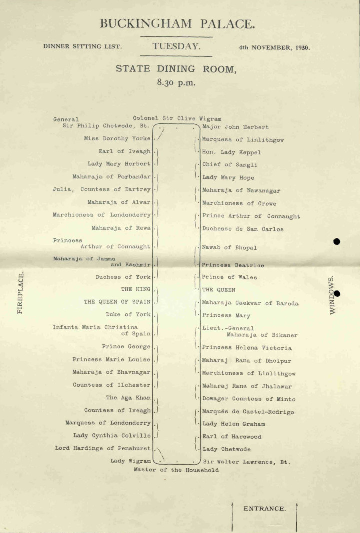 Seating plan for a dinner held for the Indian Princes at Buckingham Palace