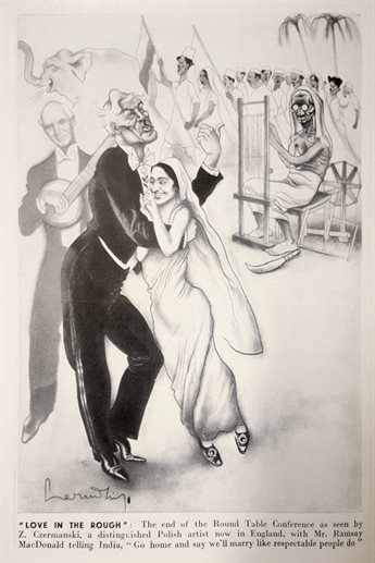 Caricature by Zdzisław Czermański of the Round Table Conference, depicting Ramsay MacDonald dancing with Begum Shah Nawaz