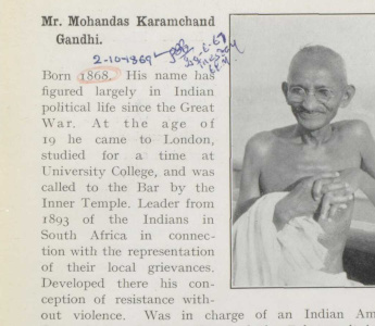 Handwritten markups on MK Gandhi's profile page in the second session India Office delegate guide