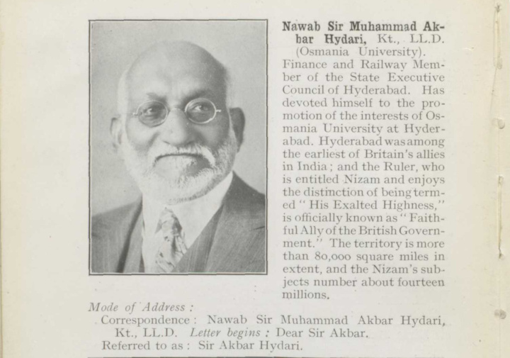 Sir Akbar Hydari's profile page in the second session India Office delegate guide