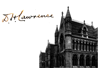 Black and white photograph of a church with D. H. Lawrence's signature across the top of the white space to its left.