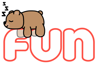 A cartoon teddy bear sleeps on the word FUN in red-rimmed letters