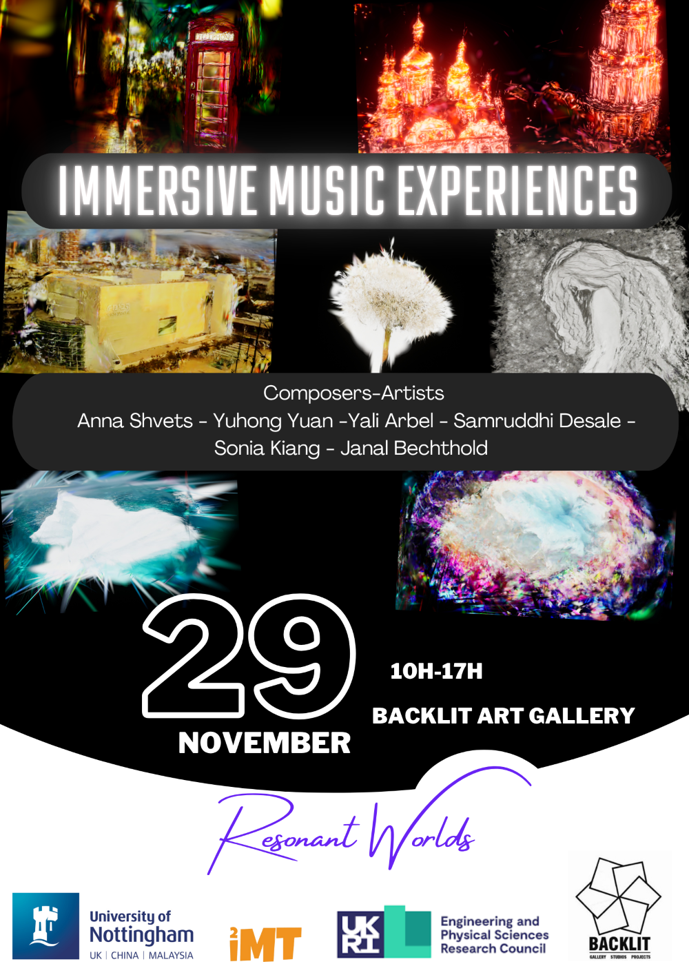 Flier promoting the Immersive Music Experiences event at Backlit gallery November 2025