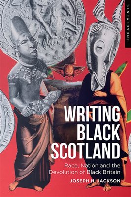 Book cover for Writing Back Scotland - red cover with white title and composited cut-up works of art.
