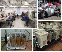 Images of rigs and equipment within the PEMC lab, a photo of the electric bike, and an image of researchers working at desks.