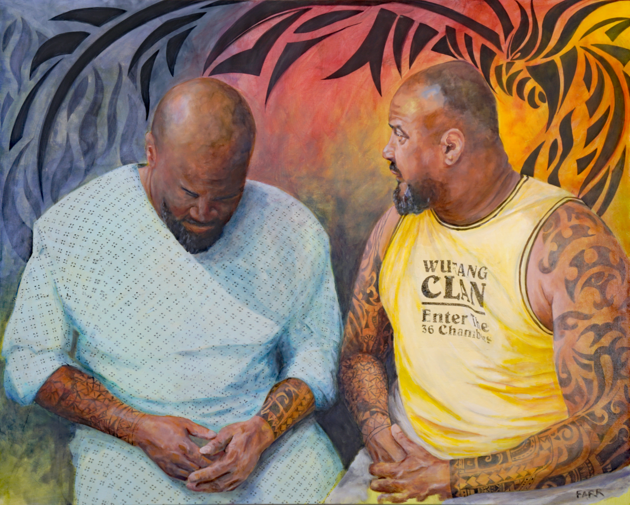 Painting of two version of the same person - one in hospital gown looking downwards, one in t-shirt looking at the other