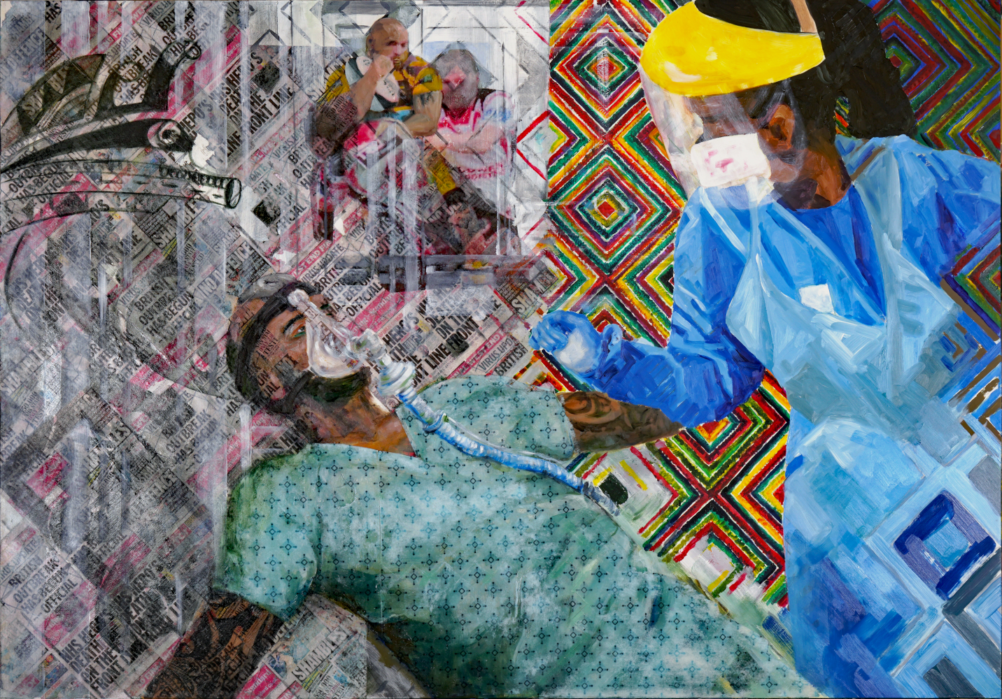 Painting of person against colourful background wearing an oxygen mask with nurse in PPE over them