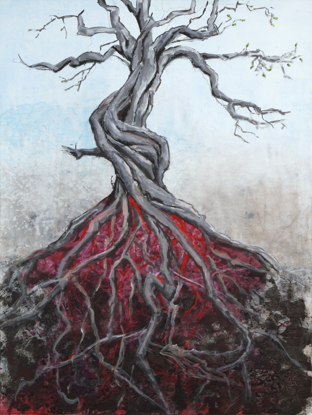 Painting of twisted tree and roots underground