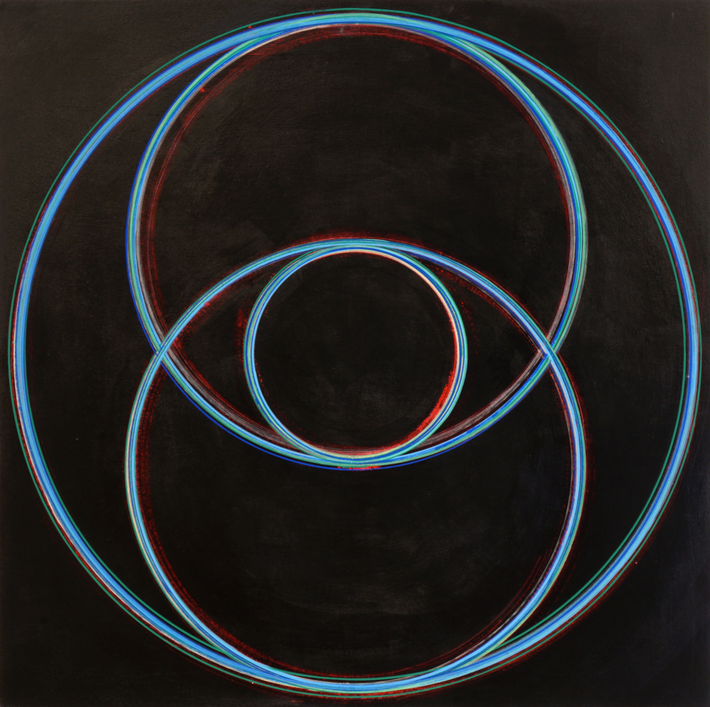Painting of set of intersecting circles of different sizes against black background