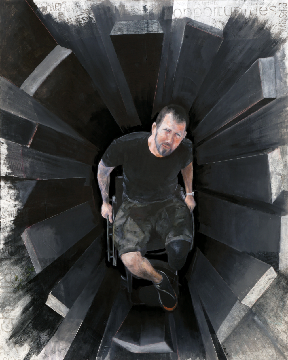 Painting of man in wheelchair looking up surrounded by grey blocks