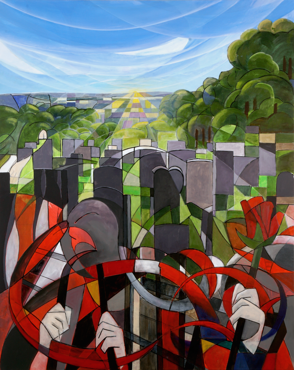 Painting of stylised figure gripping barrier with peaceful landscape stretching behind them