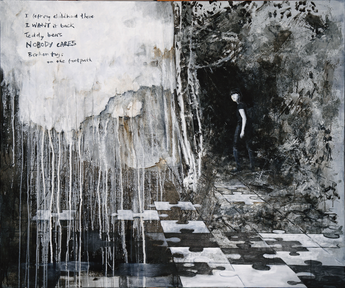 Painting of figure walking into distance looking back with foreground of jigsaw pieces and text