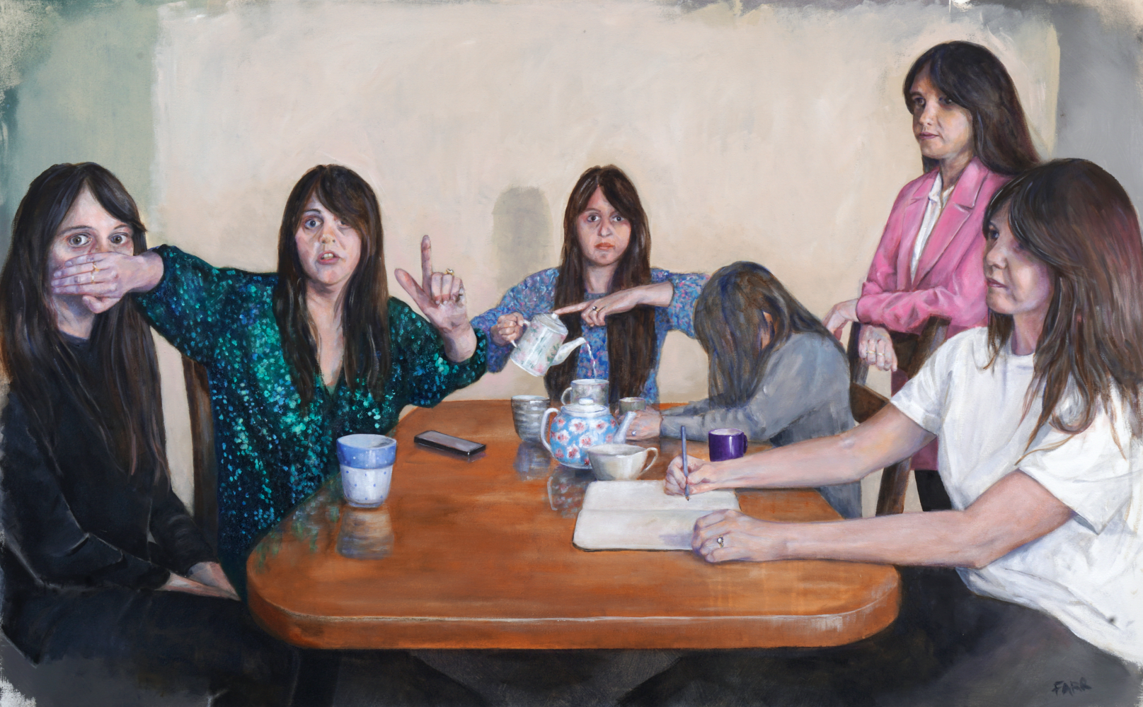 Painting of multiple versions of same person sitting around table in different poses