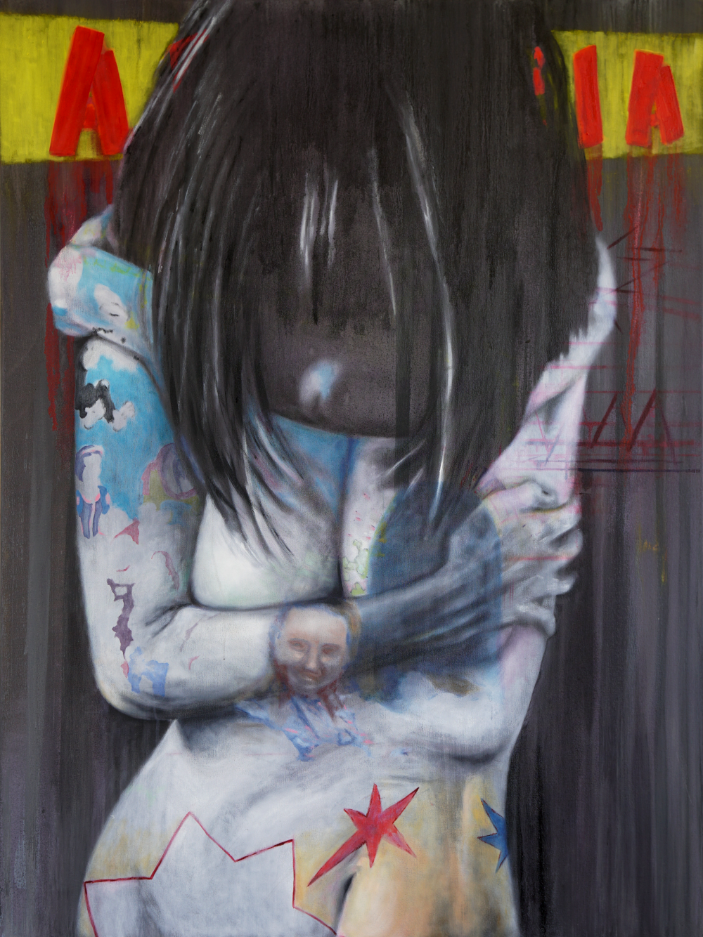 Painting of person in white dress holding themselves tightly looking down with long hair covering face