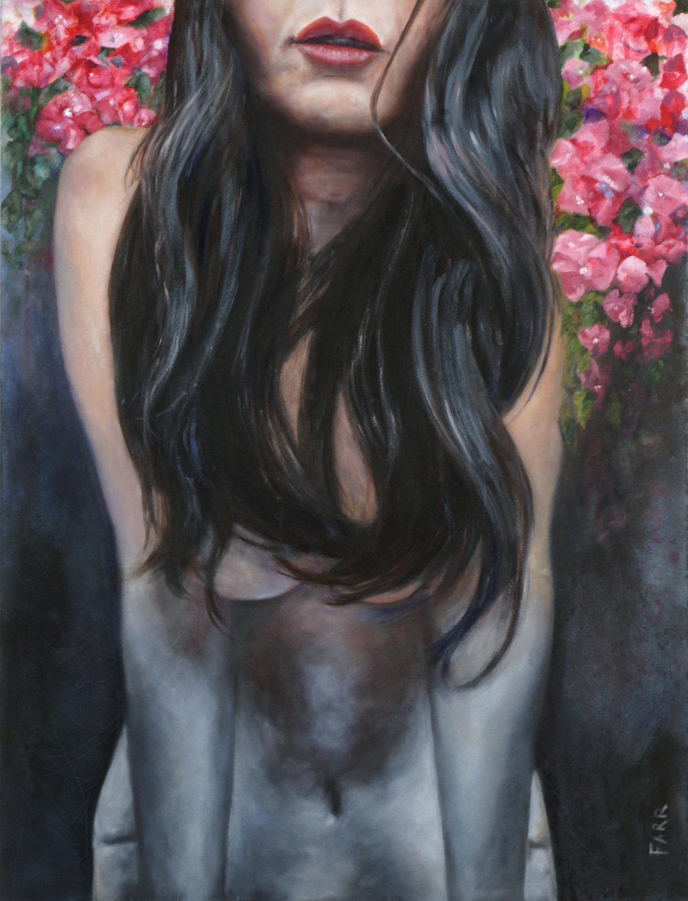 Painting of naked person leaning forward with long hair hanging down in front of them