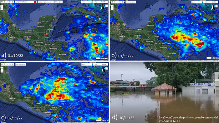 a), b) and c) Trajectory of Hurricane Eta 2022; d) Flooding at San Ignacio, Belize after Eta