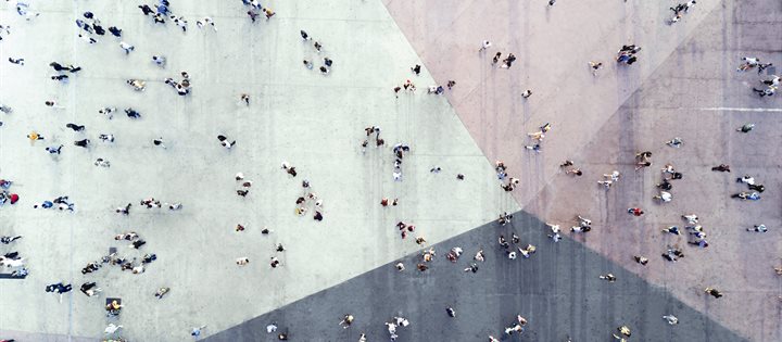 A birds eye view image of people standing