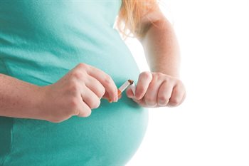 Pregnant person breaking a cigarette