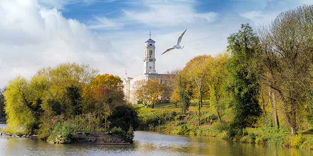 Trent building with lake