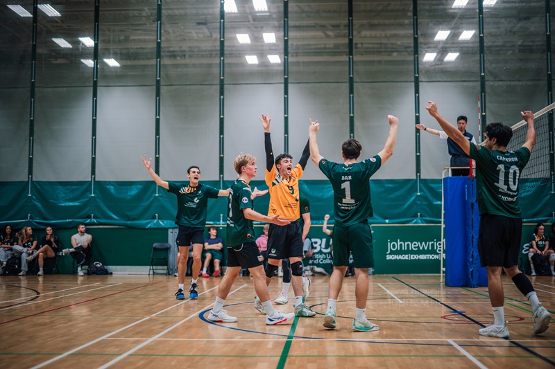Men's Volleyball celebrate a point during the 2025-26 BUCS season.