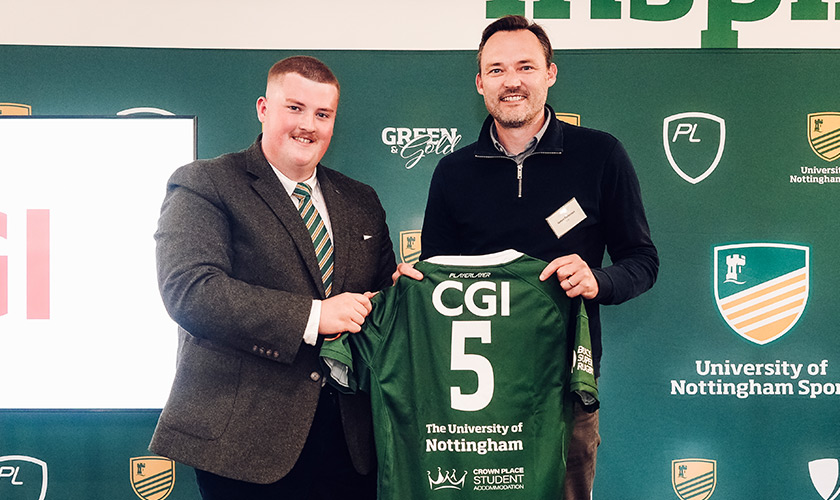 University of Nottingham Club President, Sam Waters presenting a shirt to James Patterson, CGI