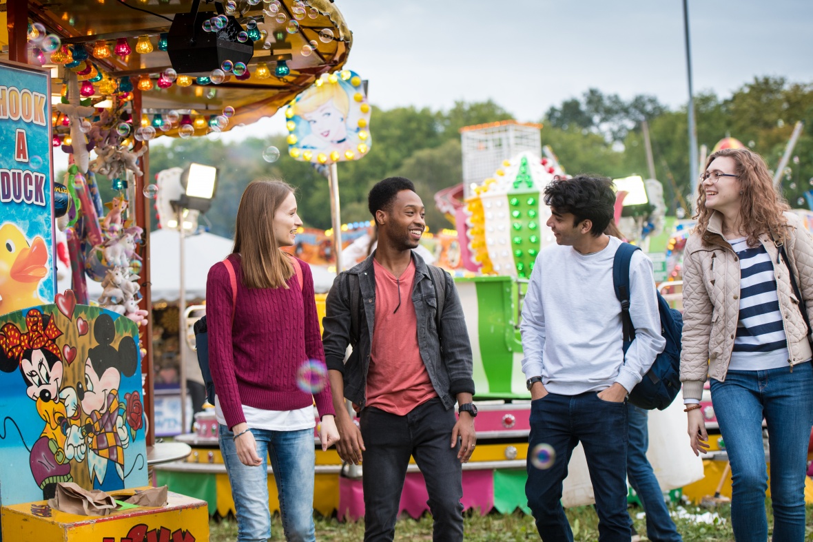 Undergraduate students enjoying Goose Fair, Forest Recreation Ground, Nottingham