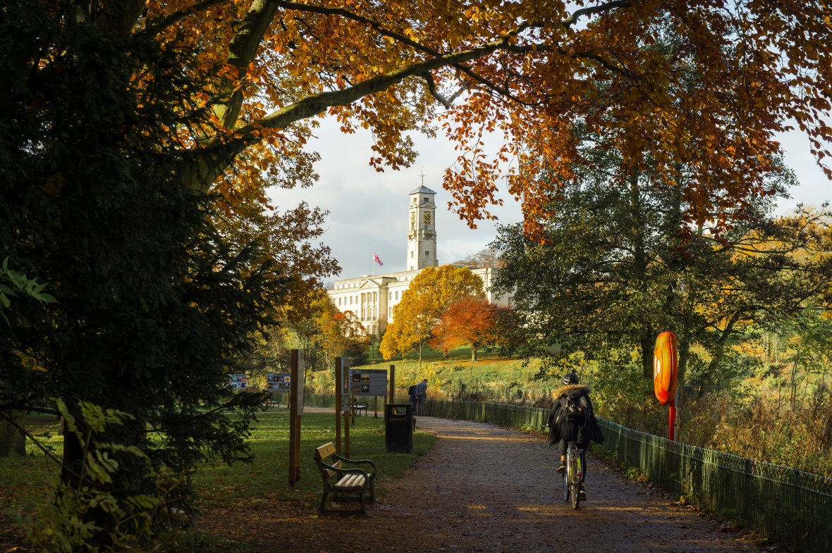 Trent Building framed by autumnal leaves, University Park
