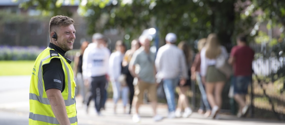 Security Officer helping visitors at September 2019 Open Day, University Park