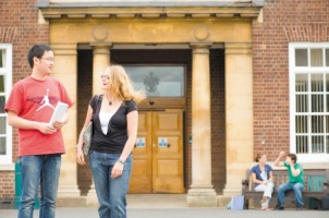 Undergraduate students talking outside the Main Building, Sutton Bonington campus