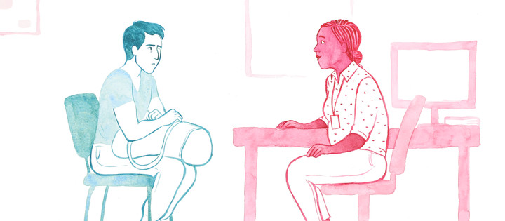 Illustration of a GP and a patient talking