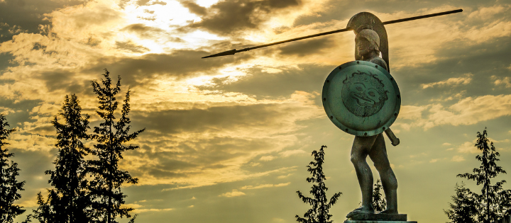 Leonidas statue, under a dramatic cloudscape at sunset, Thermopylae