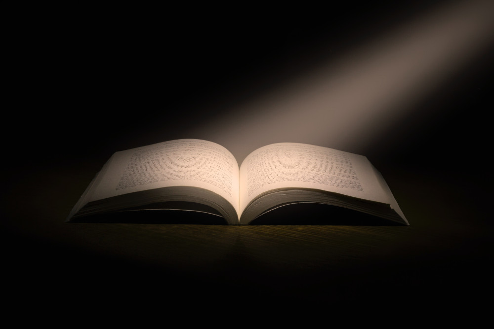 Open book laying flat against a dark background illuminated by beam of light