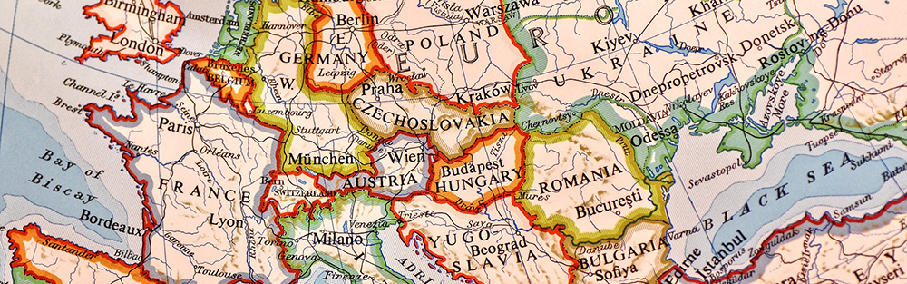 A stylised world map in bright colours