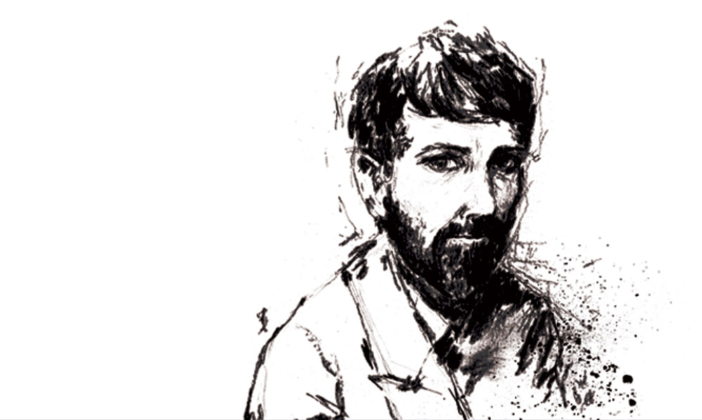 Black and white head and shoulders sketch of DH Lawrence