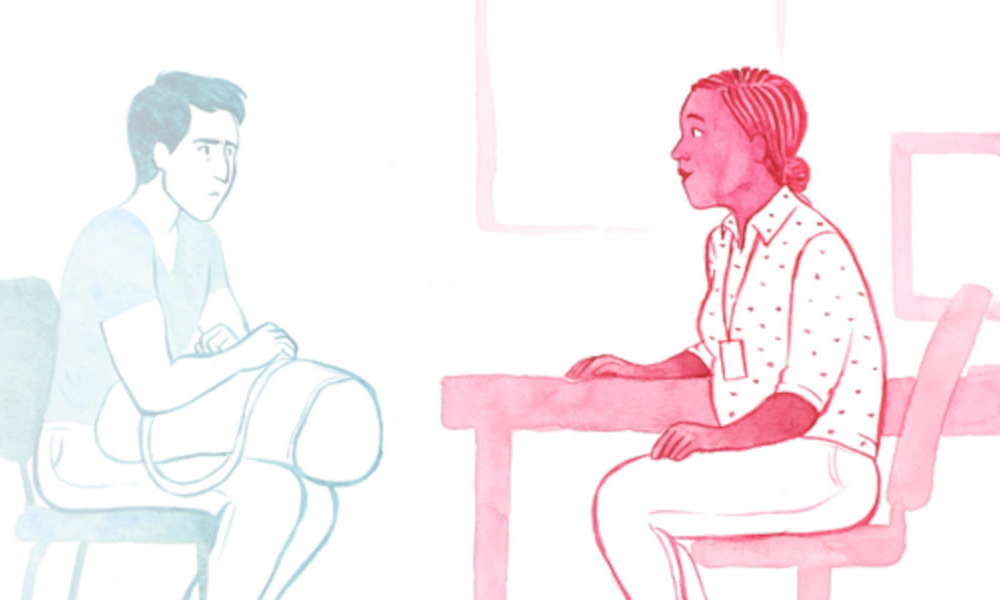 Drawing of doctor and patient sitting opposite each other and  talking