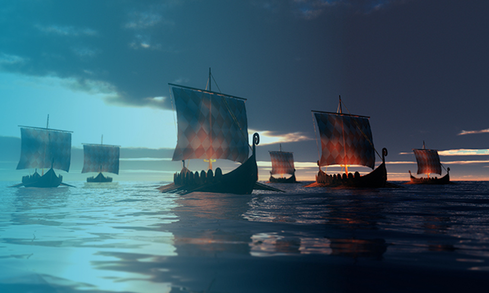 Fleet of Viking longships sailing across the sea