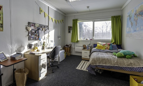 A student bedroom with green curtains, a bed with a stuffed turtle on it, grey carpet, desk and chair and a notice board and some green bunting.
