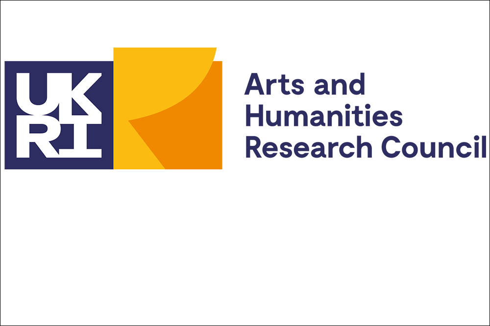 Arts and Humanities Research Council logo. On the left, a dark blue square with bold white letters ‘UKRI’. Next to it, an abstract yellow and orange geometric shape. To the right, the words ‘Arts and Humanities Research Council’ in dark blue text on a white background.