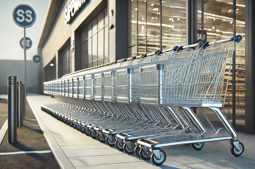 A row of neatly lined up supermarket trollies.