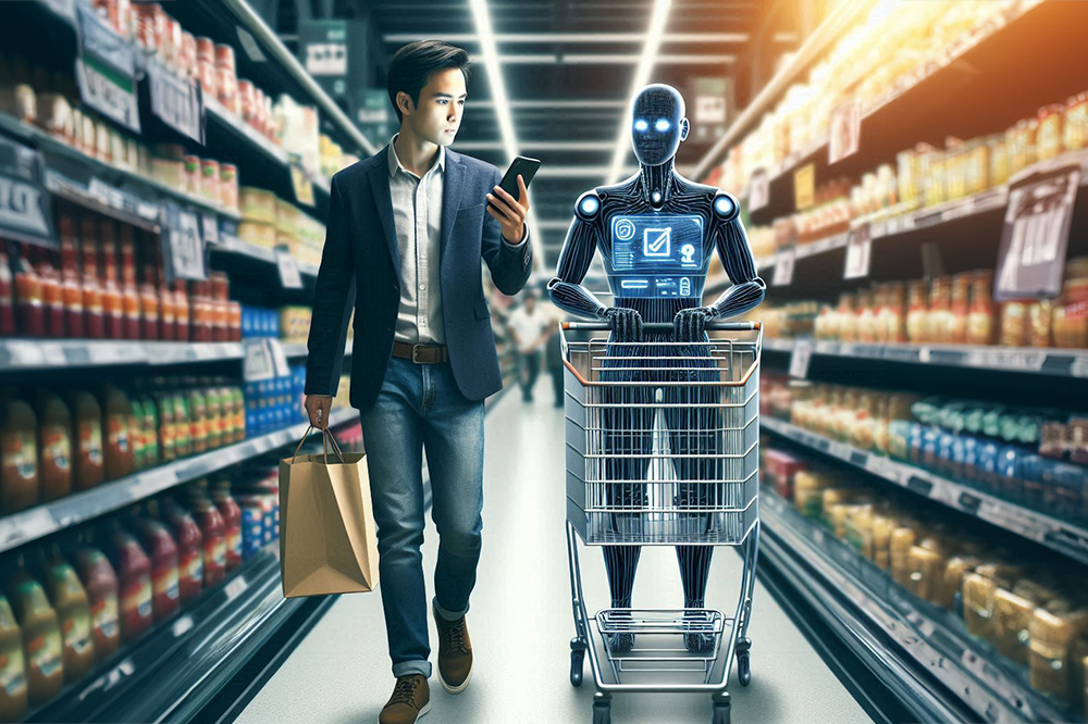 A graphical image of a man walking down a food isle in a supermarket holding a paper bag, stood next to a robot who is pushing a supermarket trolly.