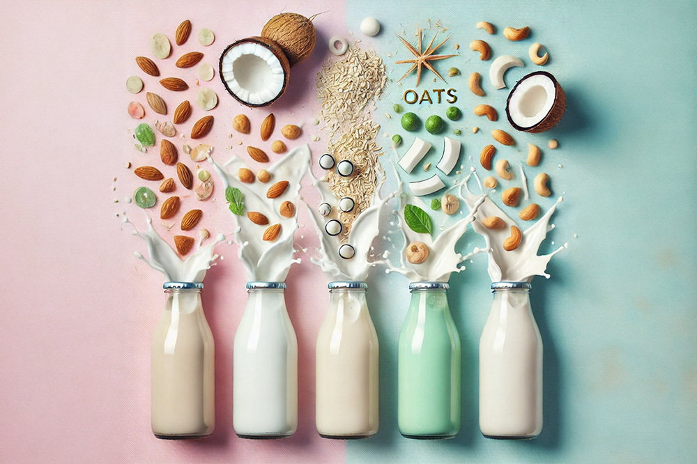 A graphical image depicting five different coloured milk bottles that each have different foods and milk exploding out of the top of them, such a nuts, oats and coconut.