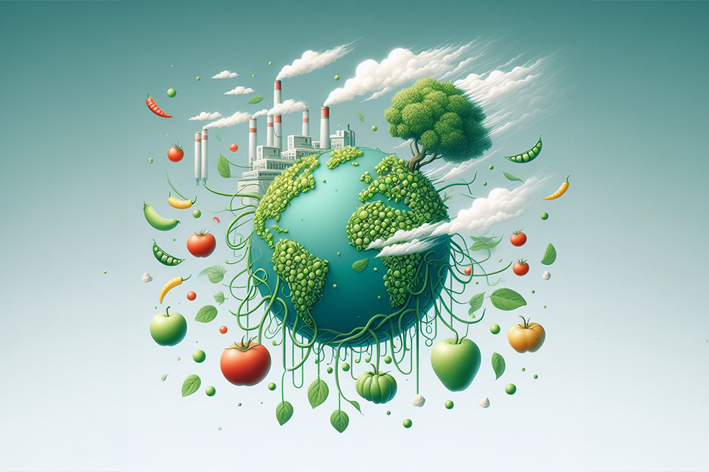 A graphical image depicting the globe with fruits hanging from it and trees on the top. It also shows factory chimneys with smoke coming out of them.