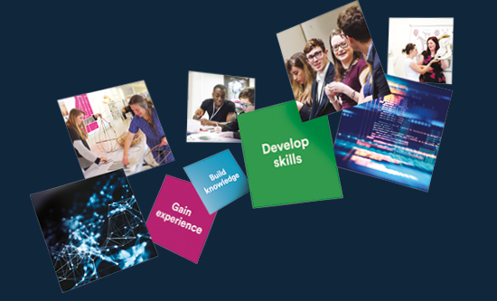 Various graphical tiles plus tiles saying Gain experience, Build knowledge and Develop skills